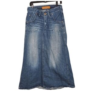 Vintage Orange Label Levis Medium Blue Wash Distressed Denim Maxi Skirt 7
